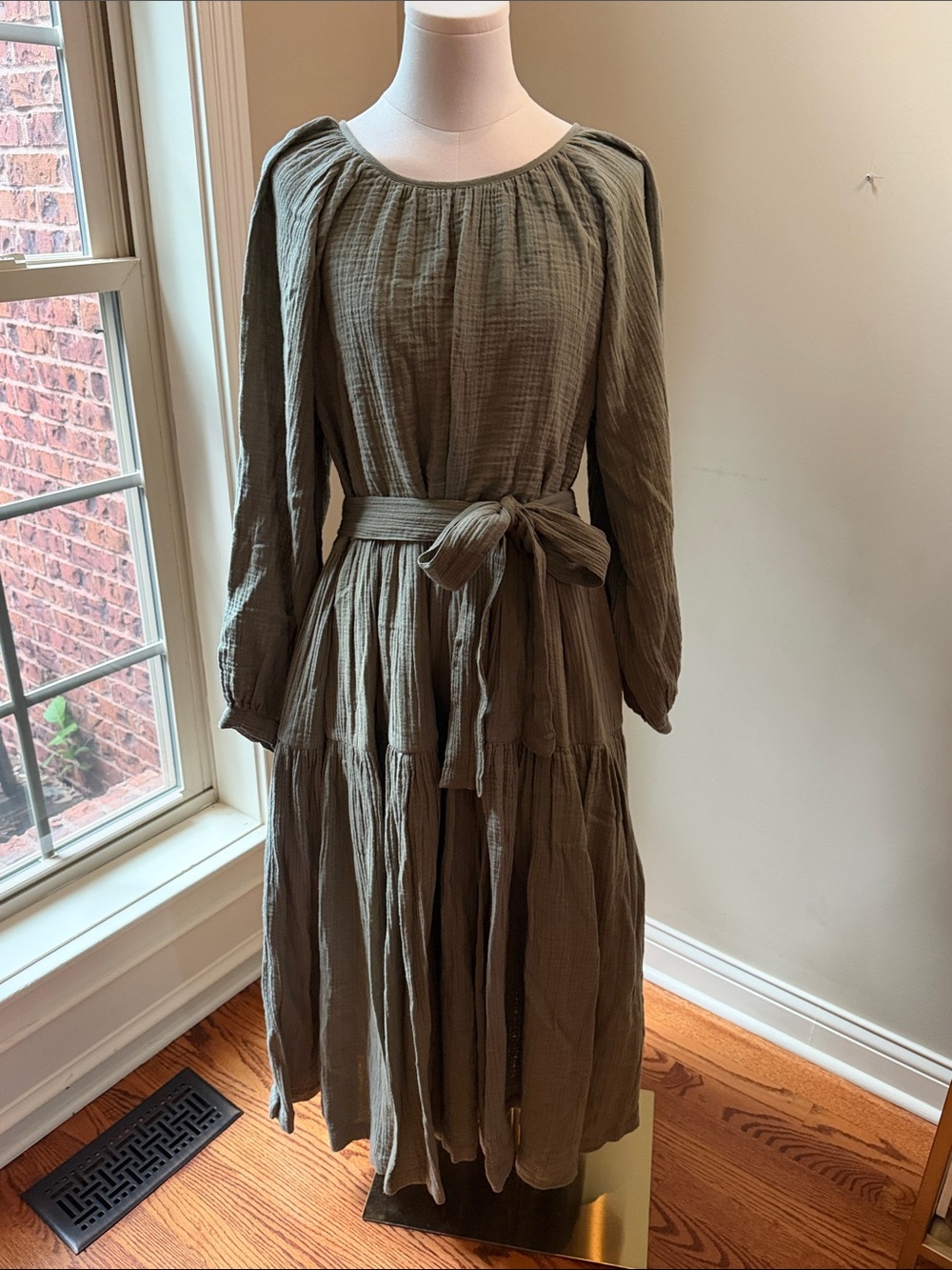 Olive Green Tiered Midi Dress with Waist Tie